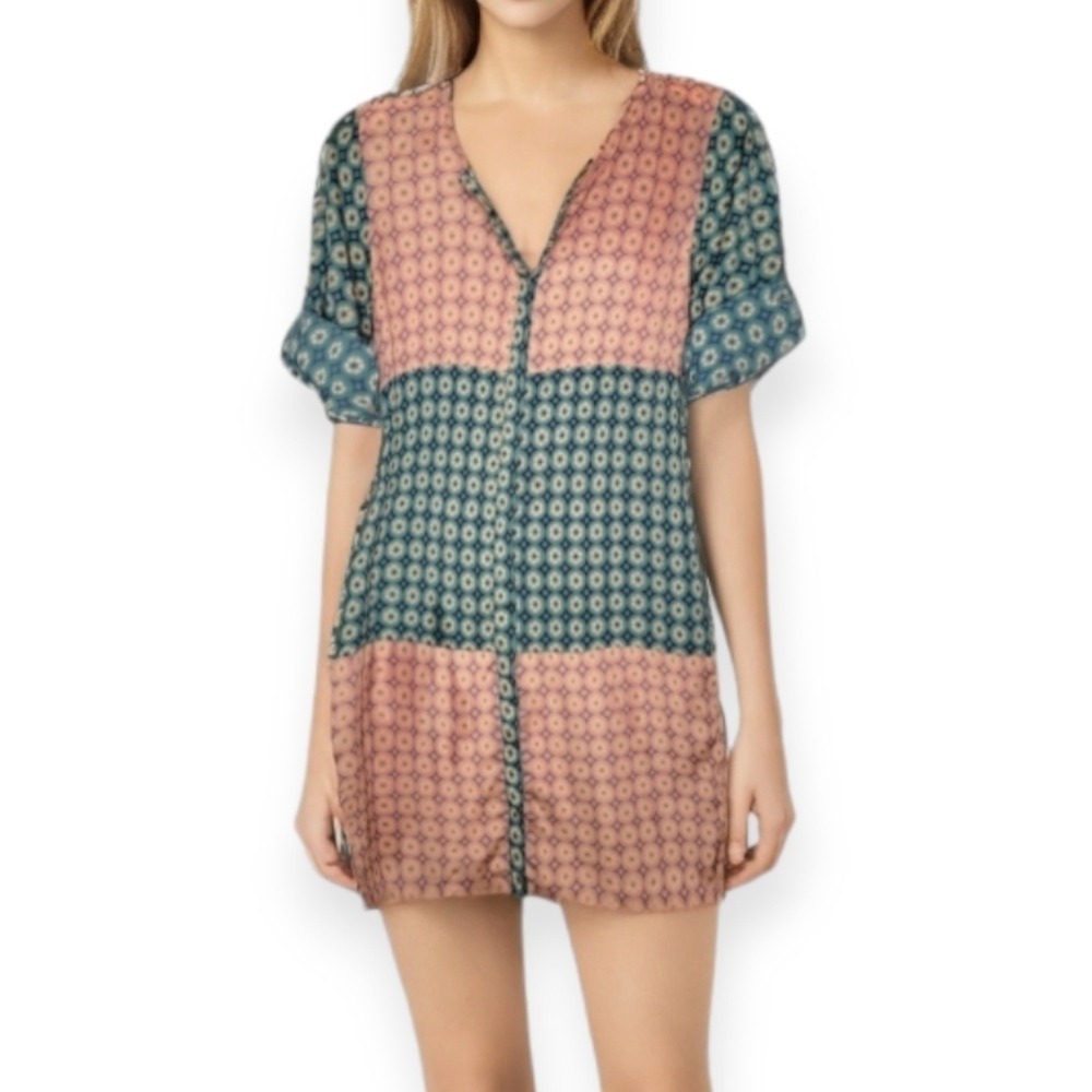 COLLECTIVE CONCEPTS Tunic Shirt Dress Button Front Roll Tab Sleeve Colorblock